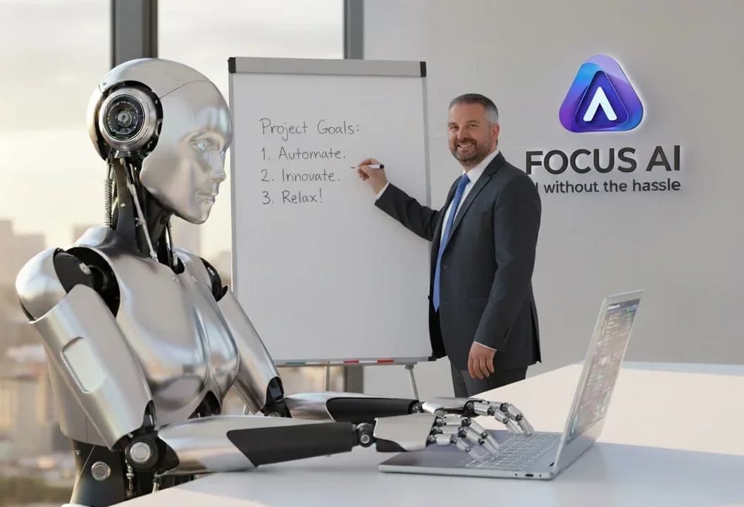 AI robot collaborating with business team on strategy whiteboard